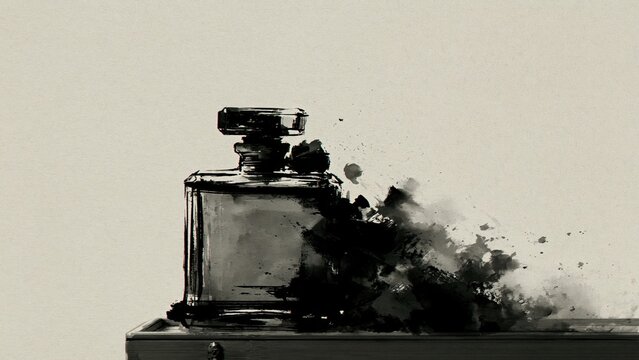 Square glass perfume bottle dissolving into messy abstract dark ink splatters.