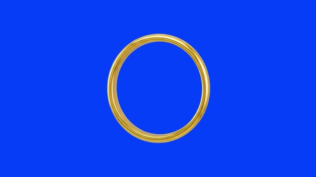 A classic, shiny golden metal band ring rotates slowly in a seamless 3D loop. This elegant jewelry asset is isolated on a chroma key blue screen.