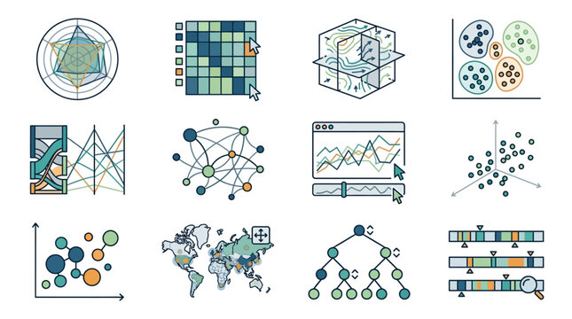 Industrial Data Visualization Techniques Colorful Infographics Showing Dimensional Analysis Network Graphs Heatmaps and Geospatial Data