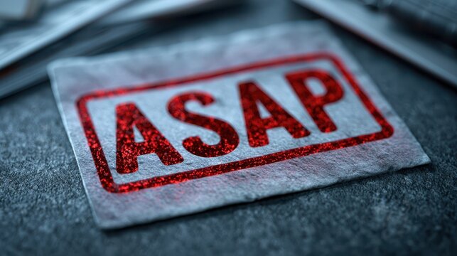 A close-up of a textured surface with a red, glittery "ASAP" stamp, emphasizing urgency and quick action.