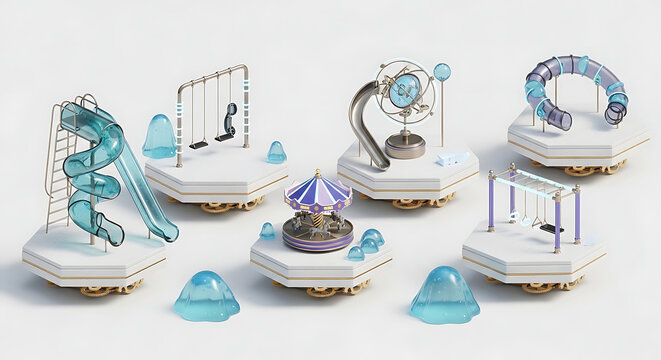 Playground miniature isometric 3D slide and carousel modules set on white platforms with futuristic clipart aesthetic