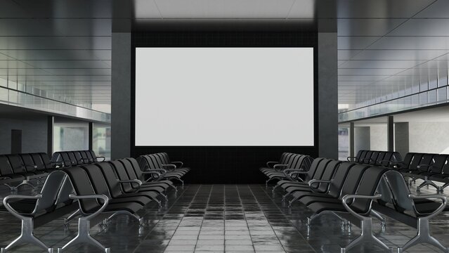 Large screen billboard mockup inside airport waiting lounge