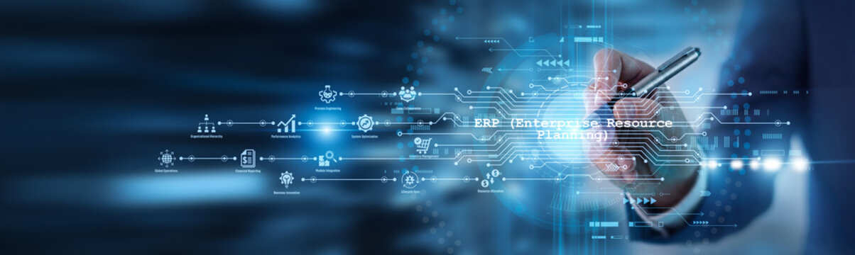Business analyst point of view using digital pen for ERP (Enterprise Resource Planning). Integrating core business processes for improved supply chain management and operational efficiency.