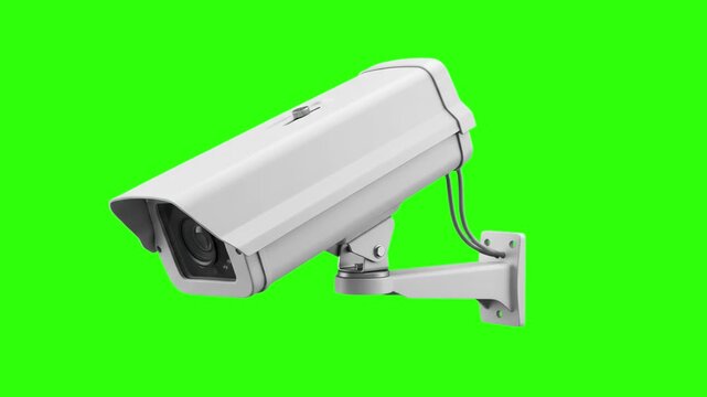 A classic white outdoor bullet security camera on a mounting bracket pans dynamically to monitor the area. This surveillance and protection equipment is isolated on a chroma key green screen.