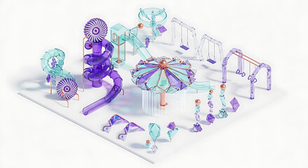 Fototapeta premium Futuristic glass playground featuring a purple slide and turquoise crystalline structures in a clean 3D isometric clipart illustration