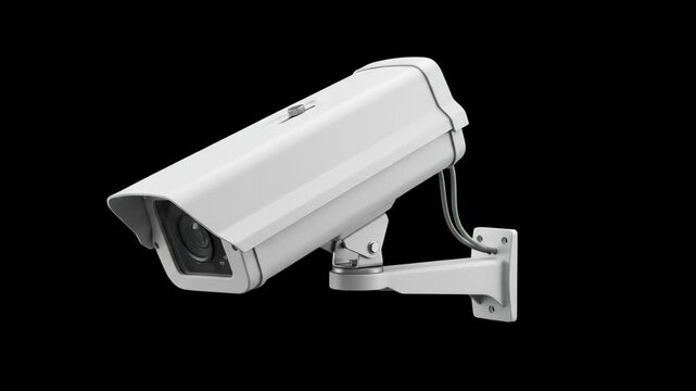 A detailed 3D model of a white outdoor CCTV box surveillance camera with protective housing and mounting bracket, turning slowly against a solid black backdrop. Perfect for security system commercials