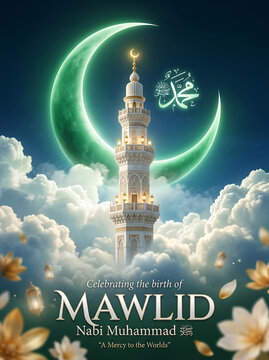 Mawlid nabi muhammad celebratory poster with minaret with Arabic calligraphy under cloudy night sky featuring white minaret gold accents large green crescent moon