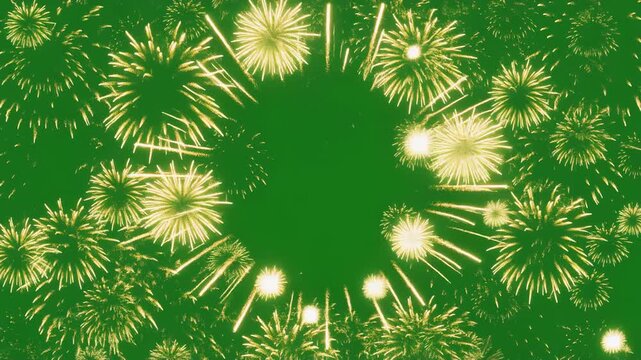 Vibrant green background with yellow fireworks.