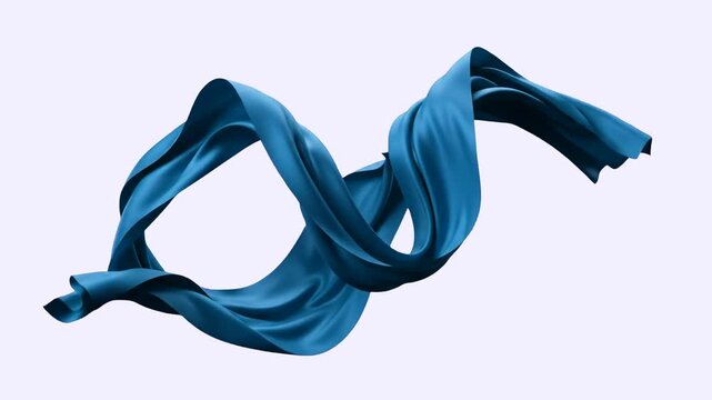 A detailed 3D simulation of a smooth, elegant blue silk satin ribbon floating and waving gracefully in mid-air against a clean white background. Excellent for luxury commercial overlays, fashion video