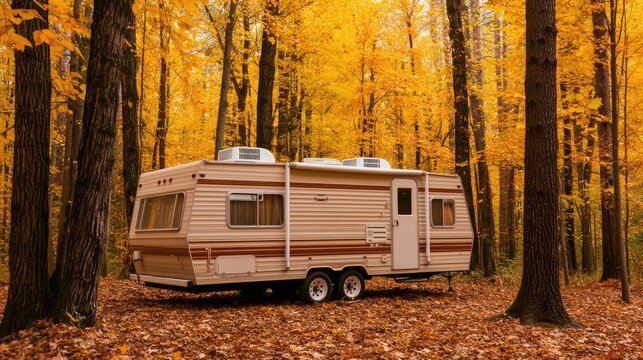 RV sits amidst vibrant autumn trees and fallen leaves in a forest