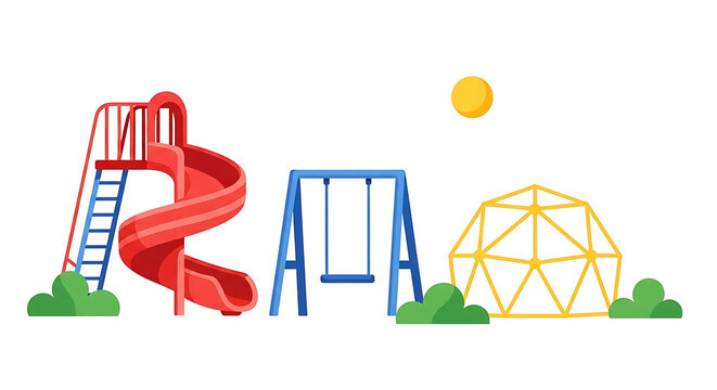 Colorful playground clipart set featuring a red spiral slide blue swing and yellow climbing dome for childrens outdoor play
