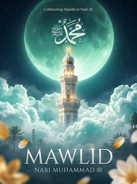 Mawlid nabi muhammad celebration under moonlight with featuring glowing minaret tower amidst clouds large moon depicts serene night scene celebrating Mawlid al Nabi