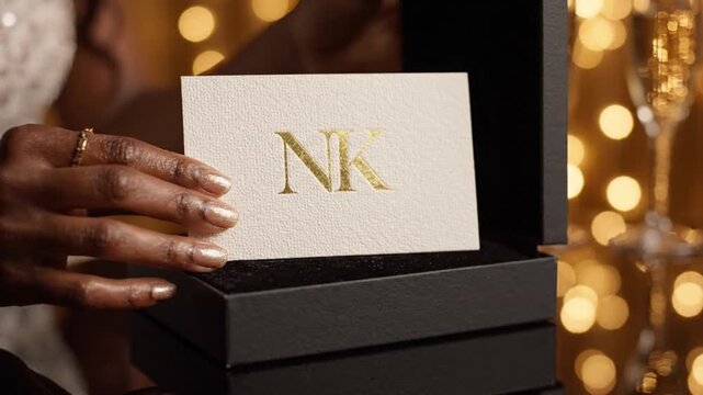 Person Opening Luxury Gift Box with Gold Initials Card