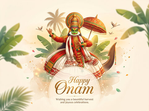 Traditional kathakali dancer in onam celebration with wishing happy Onam festive message surrounded tropical leaves flowers vibrant costume surrounded