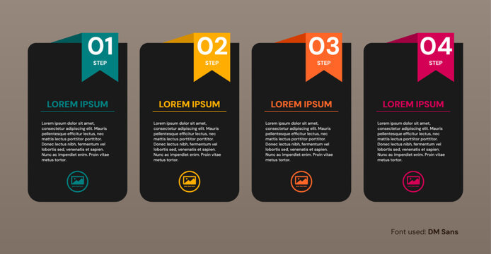 Business infographic timeline vector illustration with four steps, white vertical column cards with colorful folded ribbon header banners over light background