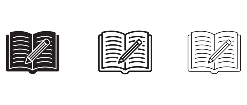 Book with pencil icons in different line styles for education and writing concepts  various design elements for learning and creativity tools