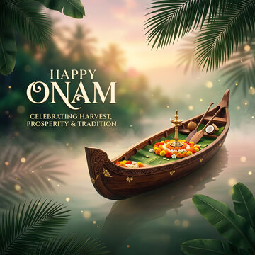 Happy onam celebrations with traditional boat with celebrating Onam sense prosperity tradition serene water background palm leaves celebrating