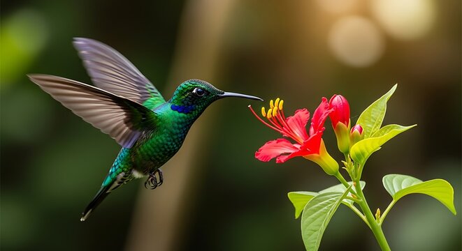 Vibrant green hummingbird hovering in mid-air and feeding on a bright red flower in a lush tropical garden setting