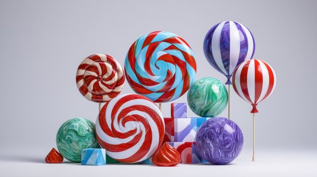 Swirled lollipop candies and striped balloons arrangement.