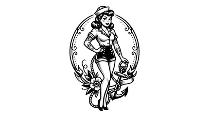 Obraz premium Vintage Sailor Pin Up Girl Tattoo Design with Anchor and Flowers