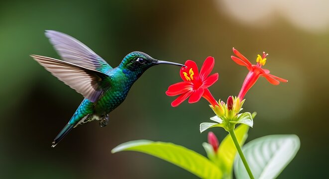 Green hummingbird hovering near red flower, sipping nectar in tropical garden