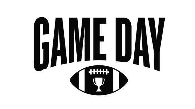 Gameday typography features a bold black football icon with a trophy symbol centered inside to celebrate the excitement of a professional sports championship event for loyal fans and team supporters.