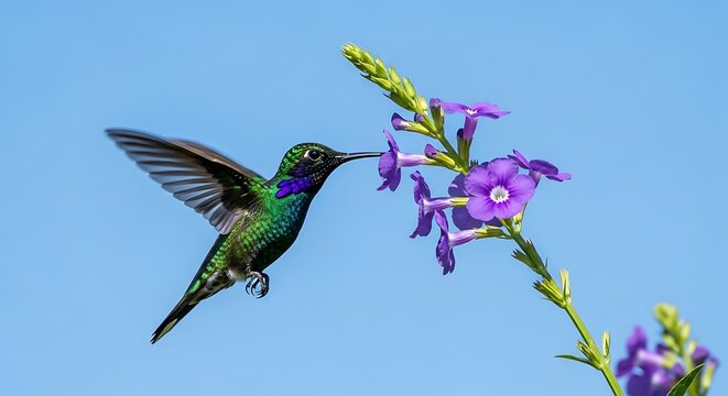 A vibrant green hummingbird hovering in mid-air to drink nectar from bright purple flowers against a clear blue sky