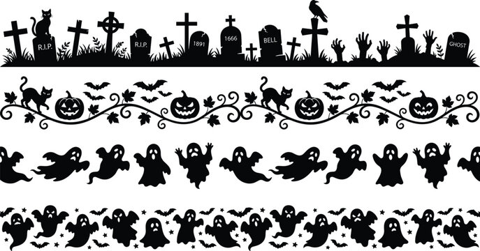 Set of four black Halloween silhouette seamless border patterns including cemetery graves pumpkins climbing vines ghosts and bats isolated on white vector