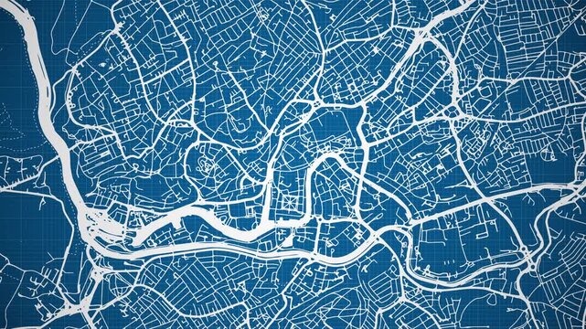 Ink reveal animation of Bristol city, Bristol, England, United Kingdom, grid map. Aerial top view. Blueprint style. White lines with blue background. 4K Seamless loop.