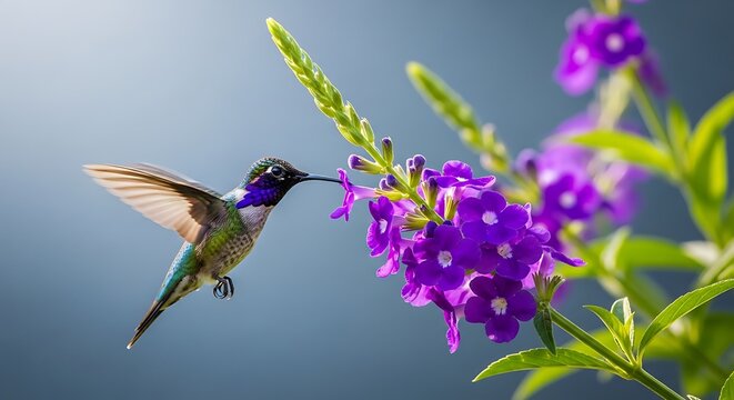 Hummingbird hovering and drinking nectar from purple flowers on a soft blue background