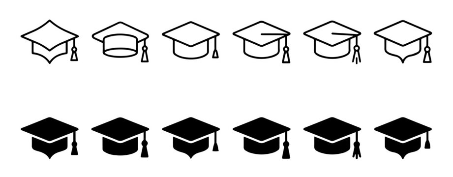 Graduation cap vector icon set with academic mortarboard outline and silhouette styles