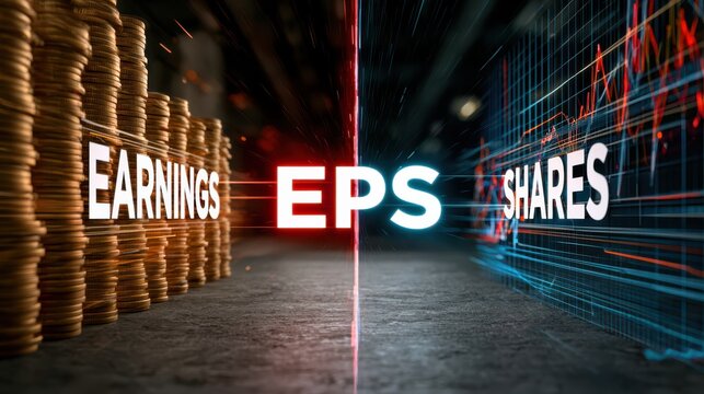 A visual representation of EPS highlighting earnings and shares with stacks of coins and a digital stock graph.