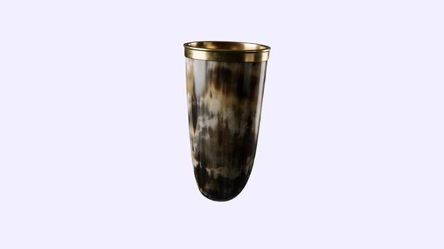 A clean 3D render of a polished animal horn drinking vessel with a polished metallic brass rim, spinning against a solid white backdrop. Perfect for product showcases, historical museum displays, fant