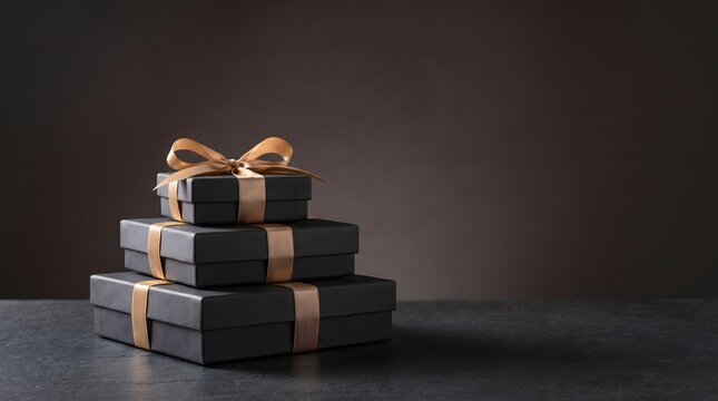 Stack of luxury black gift boxes tied with elegant golden satin ribbons on dark table.