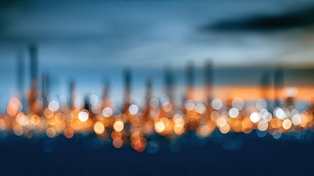 Blurry industrial lights glow against a twilight sky, creating a vibrant, abstract cityscape