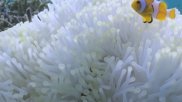 Beneath the glimmering surface, a pair of Clownfish dance amidst the flowing tentacles of a magnificent Anemone. They are at home, a vibrant sanctuary in the deep blue.