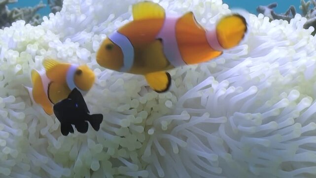 A vibrant clownfish family plays amongst the swaying tentacles of a bleached sea anemone, creating a mesmerizing aquatic dance on a sunny day.