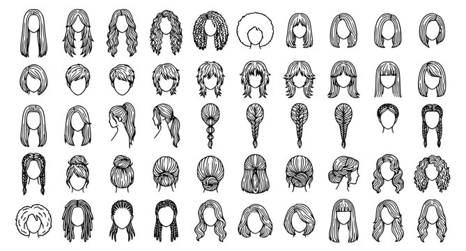 Diverse Women Hairstyles and Haircuts Line Icon Mega Set with Curly, Braided, Short, and Long Female Hair Styles for Beauty Salons and Fashion Graphics