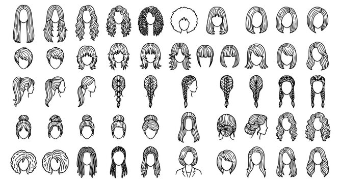 Women Hairstyles and Haircuts Line Icon Set with Various Trendy Female Hair Styles, Braids, Curls, Ponytails, and Updos for Hair Salons and Beauty Graphics