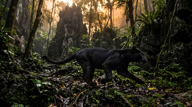 melanistic javan leopard running on karst area rain forest