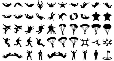 Skydiving and Parachuting Silhouette Vector Icon Set Featuring Extreme Sports Athletes Jumping, Freefalling, Wingsuit Flying, and Parachute Landing Graphics © TOHURA