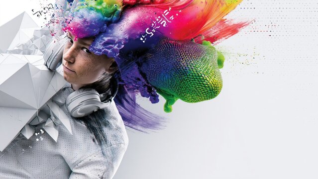 Woman wearing headphones with head exploding into colorful shapes.