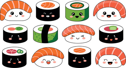 Cute Sushi and Maki Roll Character Vector Set with Kawaii Expressions for Japanese Restaurant Branding, Asian Food Menus, and Creative Culinary Graphic Designs © Sarifa