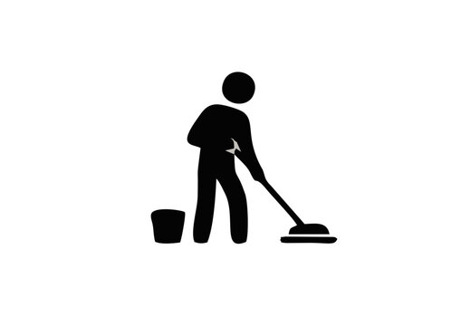 Silhouette Icon of a Person Cleaning the Floor with a Mop and Bucket for Janitorial Services