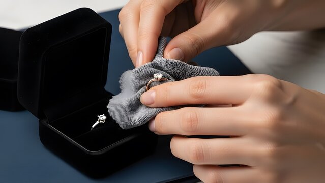 Woman cleaning diamond engagement ring with soft cloth, jewelry care