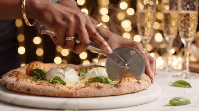 Cutting Burrata Pizza at Elegant Party with Champagne