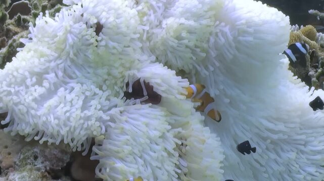 Marvel at the delightful interaction between orange Clownfish and a radiant, white Anemone. See these captivating creatures in their underwater home, a vibrant ecosystem.