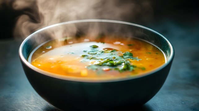 Hot Steaming Vegetable Soup in a Ceramic Bowl with Fresh Herbs and Vapor on Dark Background