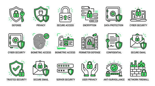 Cyber Security Icons: Data Protection, Encryption, Privacy, Network Firewall, Surveillance
