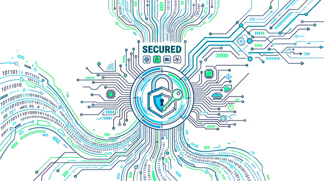 Digital Security Concept: Padlock, Key, Binary Code, Circuit Board, Network